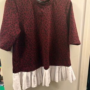 Sharagano Burgundy Leopard Print Sweater with White Ruffle